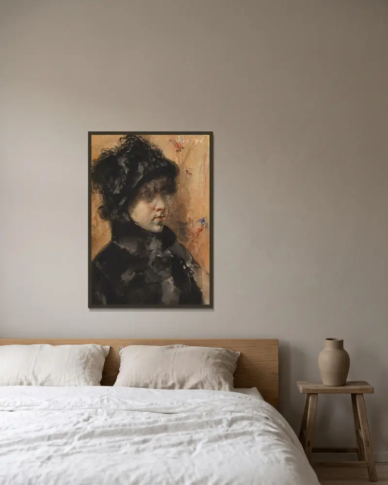 Porträtt av en ung kvinna av William Merritt Chase inramad på en vägg