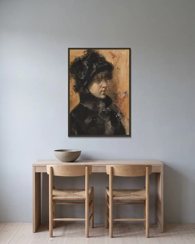 Porträtt av en ung kvinna av William Merritt Chase inramad på en vägg