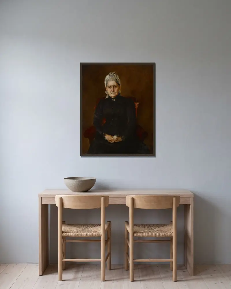 Porträtt av min mor (Sarah Swaim Chase) av William Merritt Chase inramad på en vägg