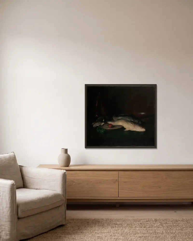 Stillleben; Fisch von William Merritt Chase gerahmt an einer Wand