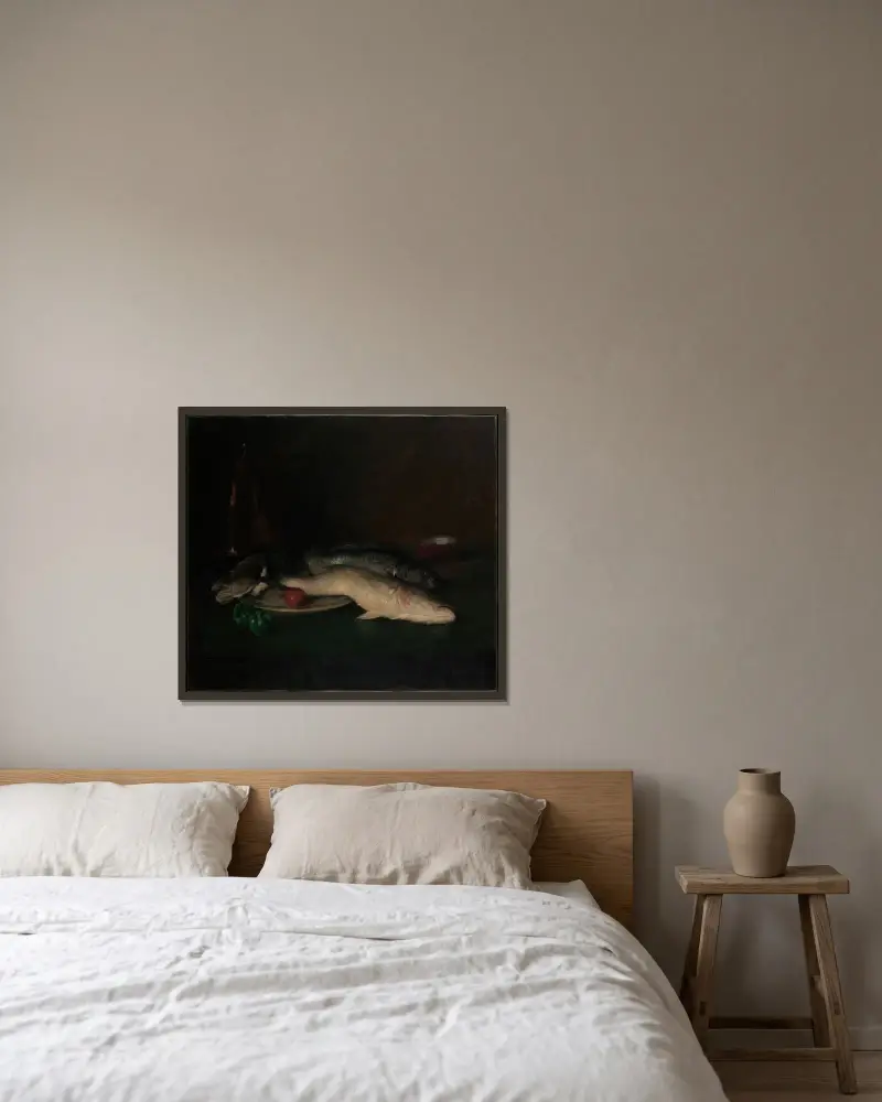 Stillleben; Fisch von William Merritt Chase gerahmt an einer Wand