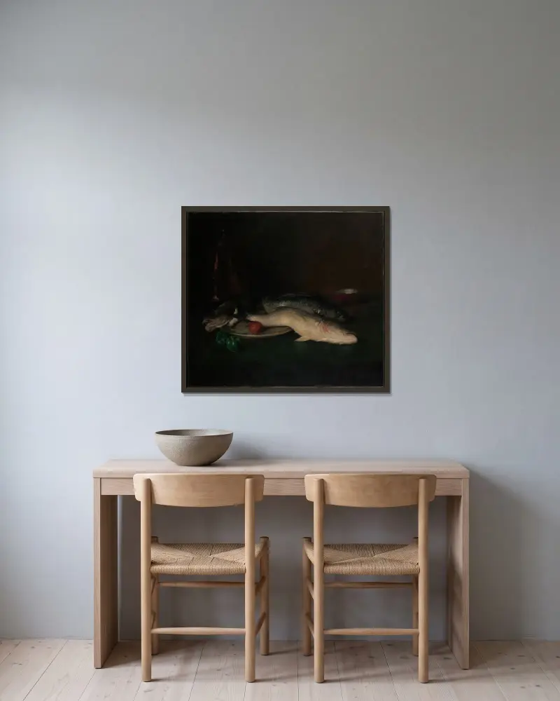 Stillleben; Fisch von William Merritt Chase gerahmt an einer Wand