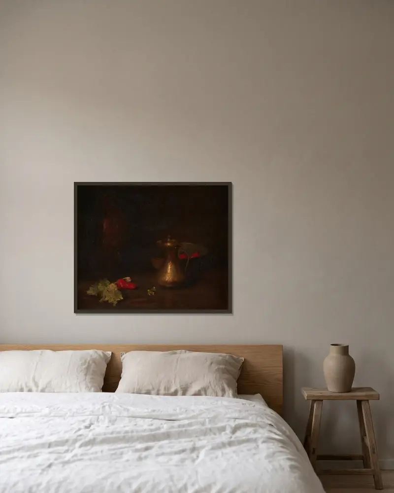 Stillleben mit Messingkanne, Metallschale, Salat und roten Paprikaschoten von William Merritt Chase gerahmt an einer Wand