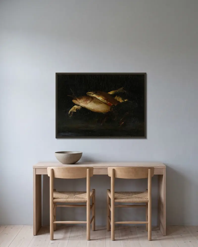 Stilleben mit Fisch von William Merritt Chase gerahmt an einer Wand