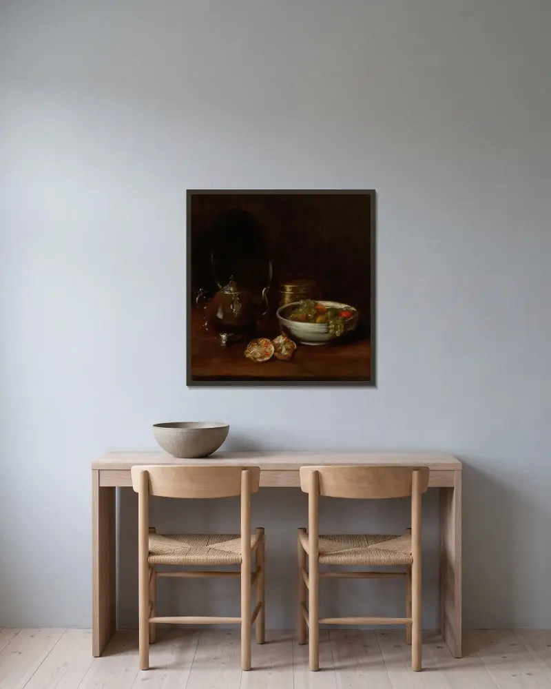 Stilleben med tekanna och frukt av William Merritt Chase inramad på en vägg