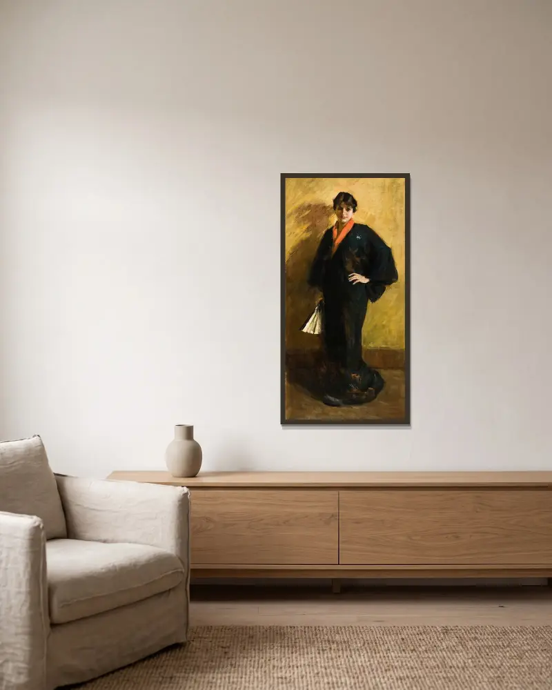 Den blå kimonen av William Merritt Chase inramad på en vägg
