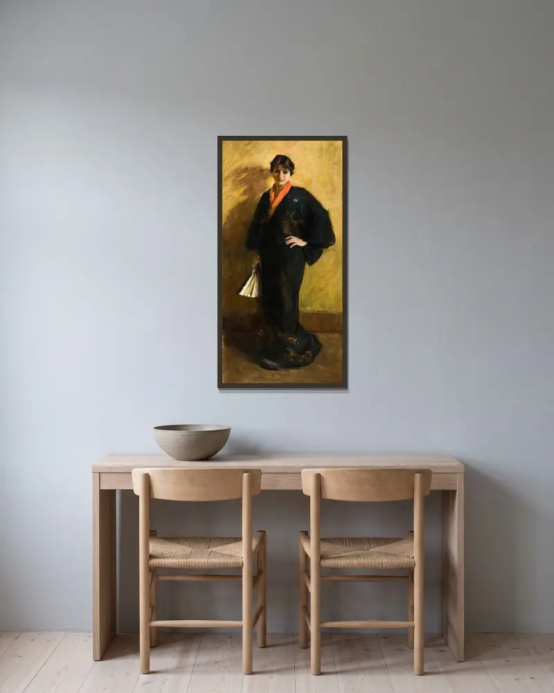 Den blå kimonen av William Merritt Chase inramad på en vägg