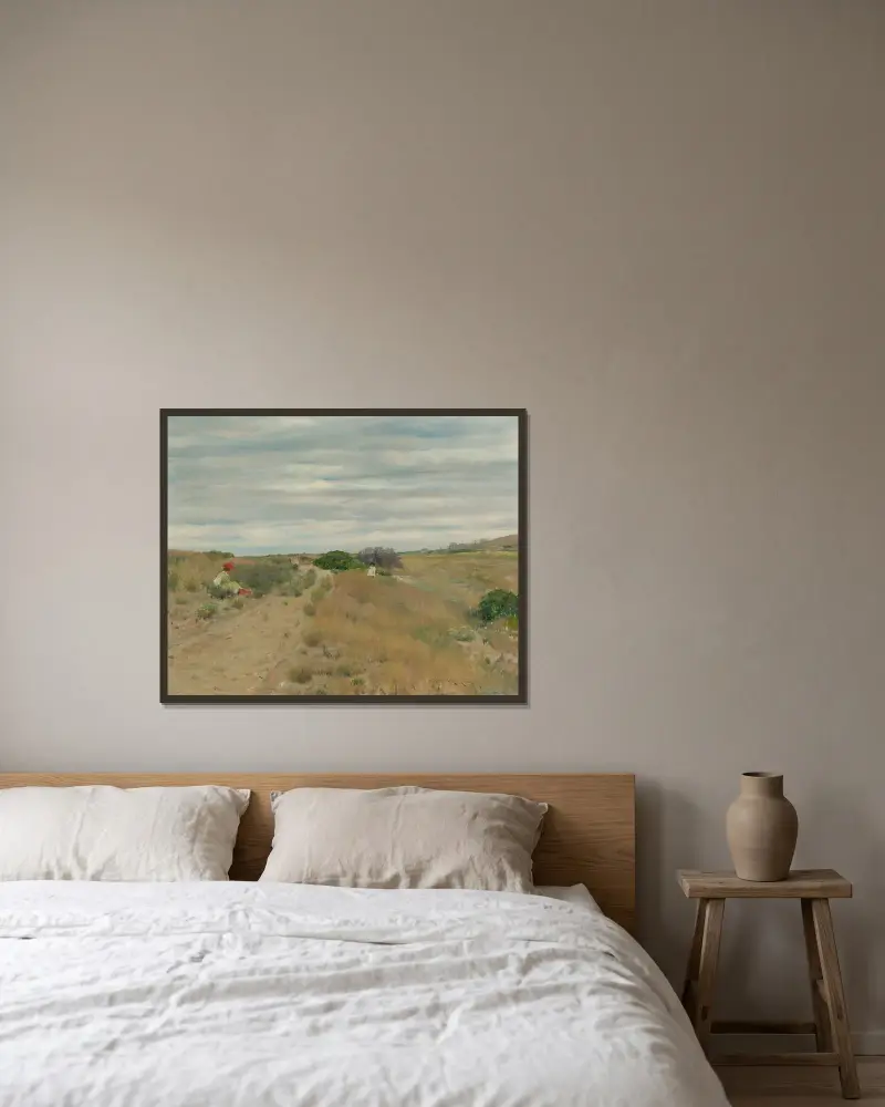 Den gamla sandvägen av William Merritt Chase inramad på en vägg