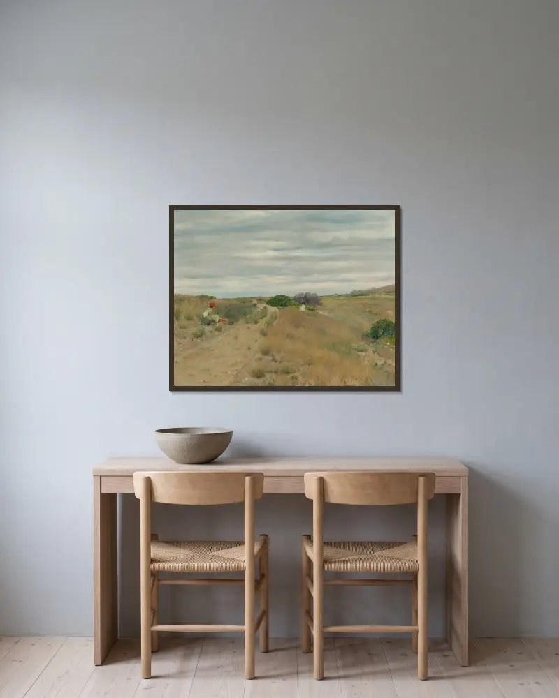 Den gamla sandvägen av William Merritt Chase inramad på en vägg