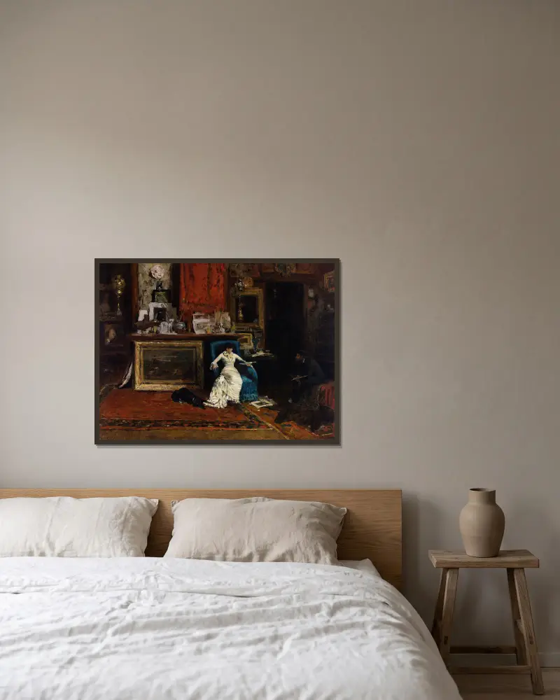 The Tenth Street Studio av William Merritt Chase inramad på en vägg