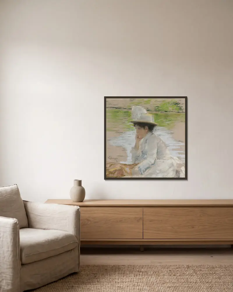 Ohne Titel (Porträt von Mrs. Chase) von William Merritt Chase gerahmt an einer Wand