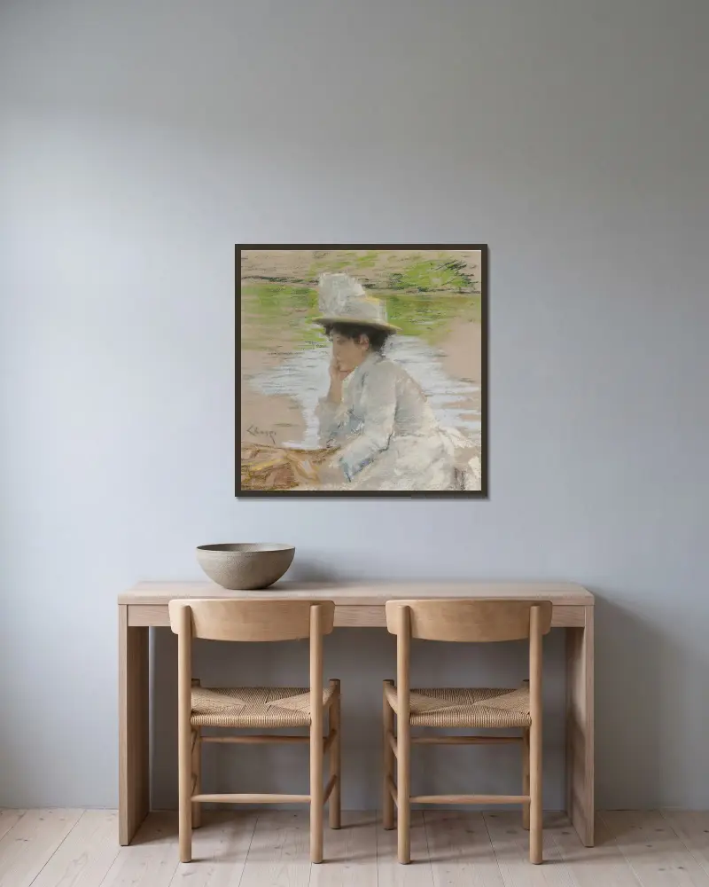 Ohne Titel (Porträt von Mrs. Chase) von William Merritt Chase gerahmt an einer Wand