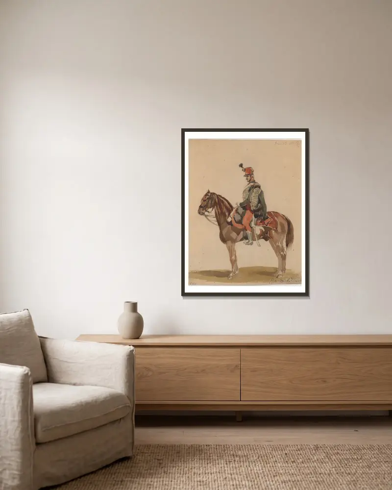 Austrian Hussar on a bay horse av Piotr Michałowski inramad på en vägg