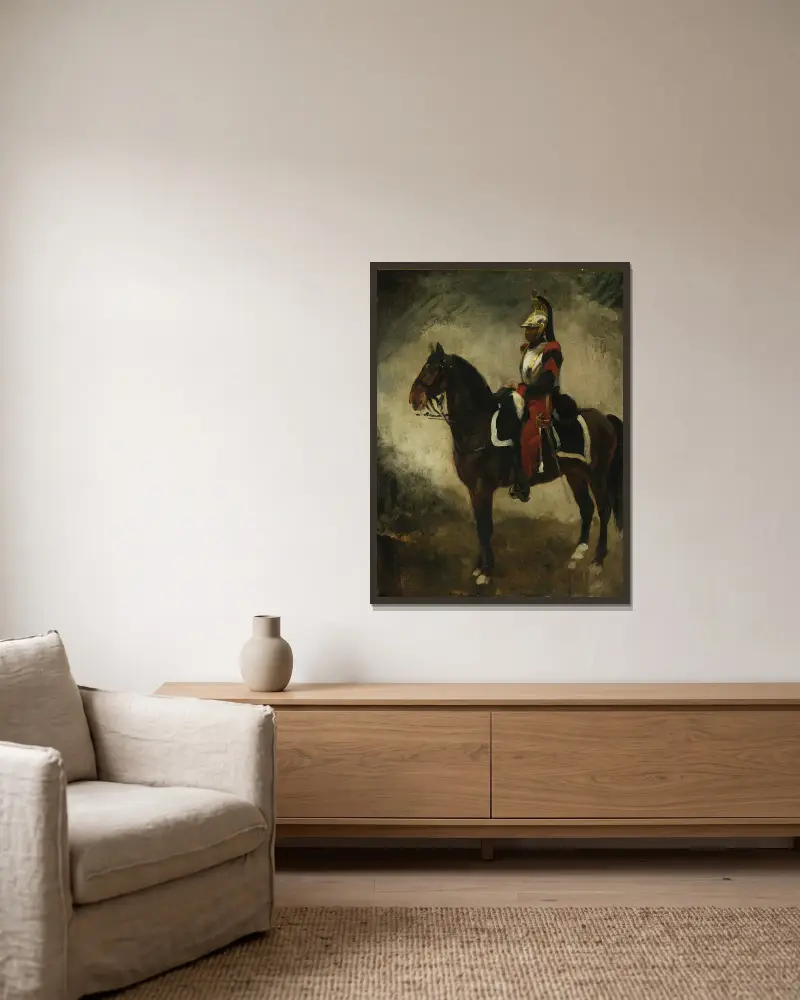 Cuirassier on a bay horse av Piotr Michałowski inramad på en vägg