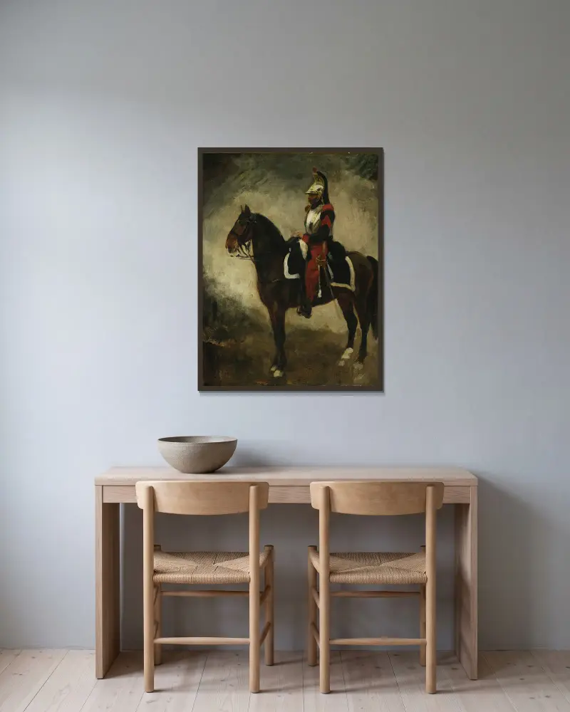 Cuirassier on a bay horse av Piotr Michałowski inramad på en vägg