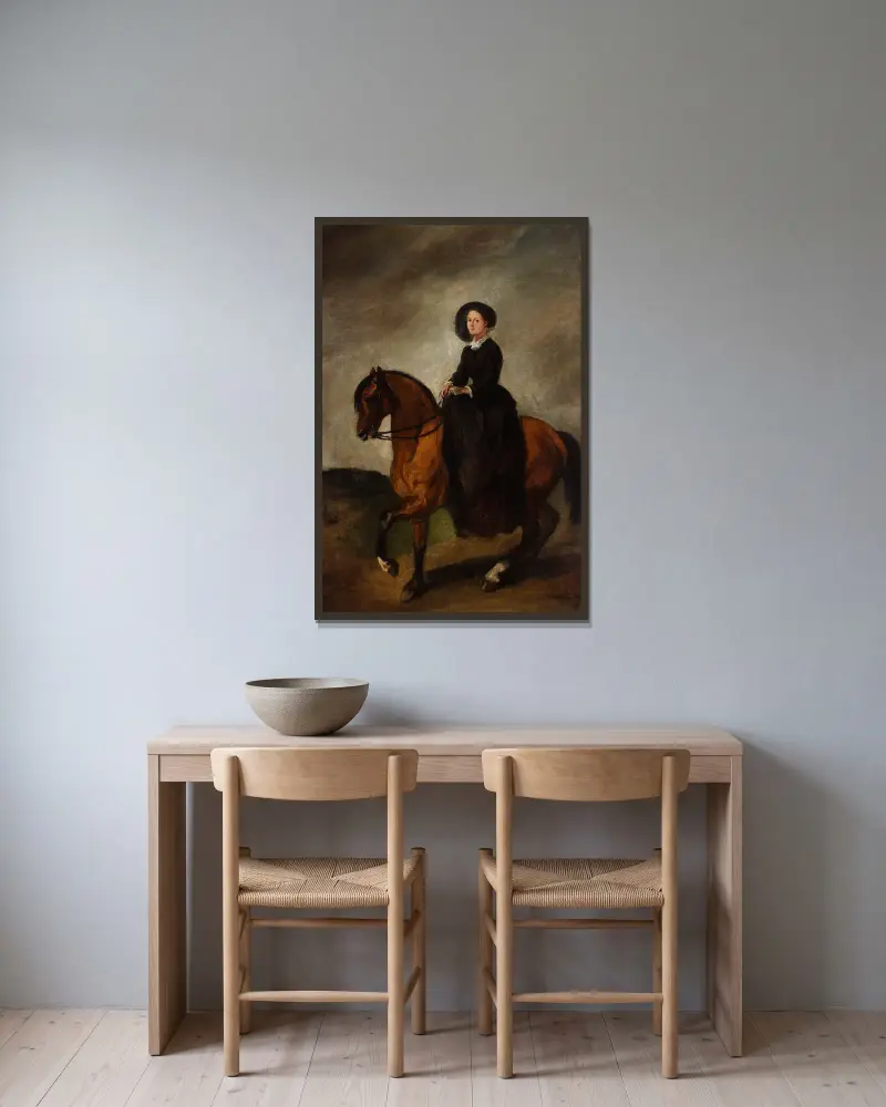 Portrait of Celina, artist’s daughter, on horseback av Piotr Michałowski inramad på en vägg