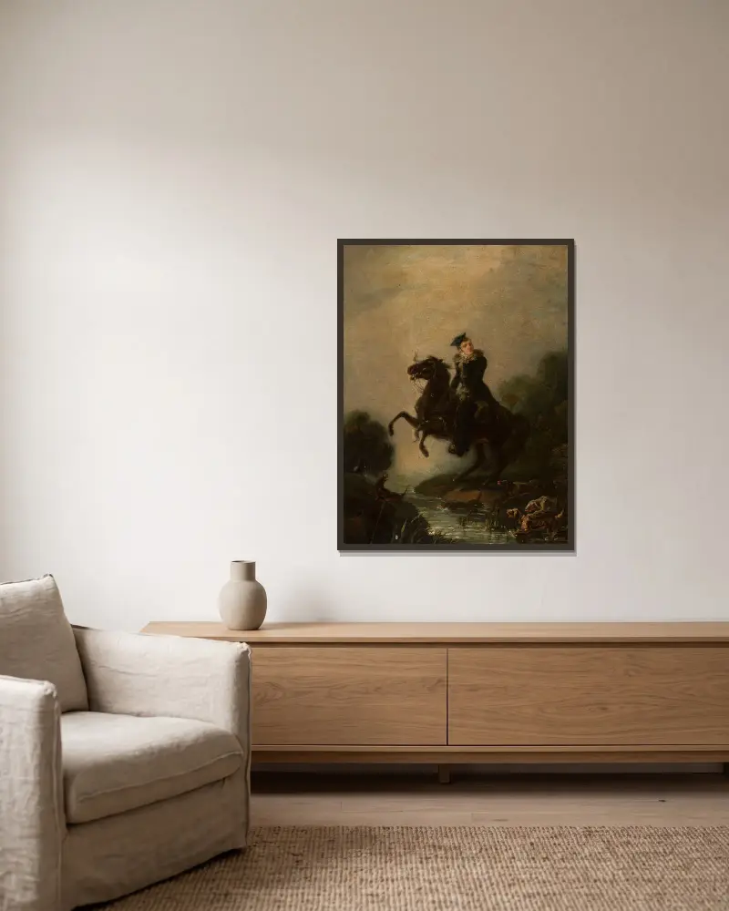 Portrait of Ignacy Konarski on horseback av Piotr Michałowski inramad på en vägg