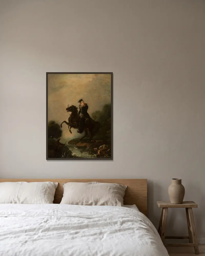 Portrait of Ignacy Konarski on horseback av Piotr Michałowski inramad på en vägg