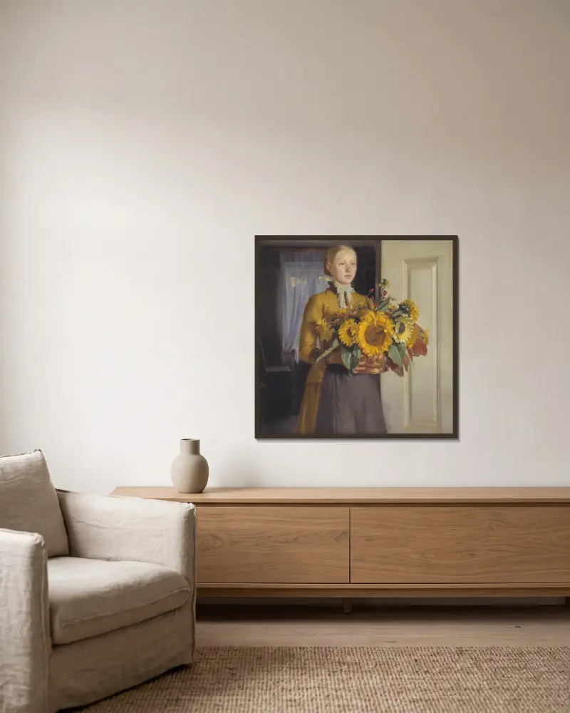 A Girl with Sunflowers av Michael Ancher inramad på en vägg