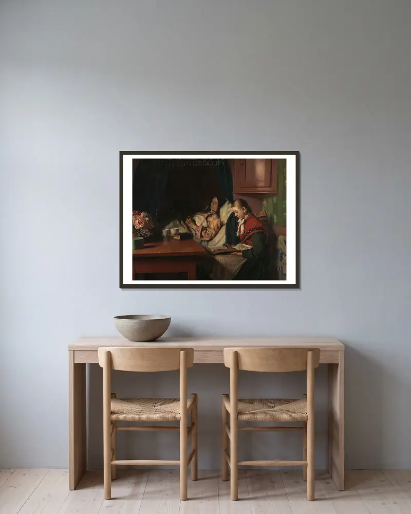 By Grandmothers sickbed av Michael Ancher inramad på en vägg