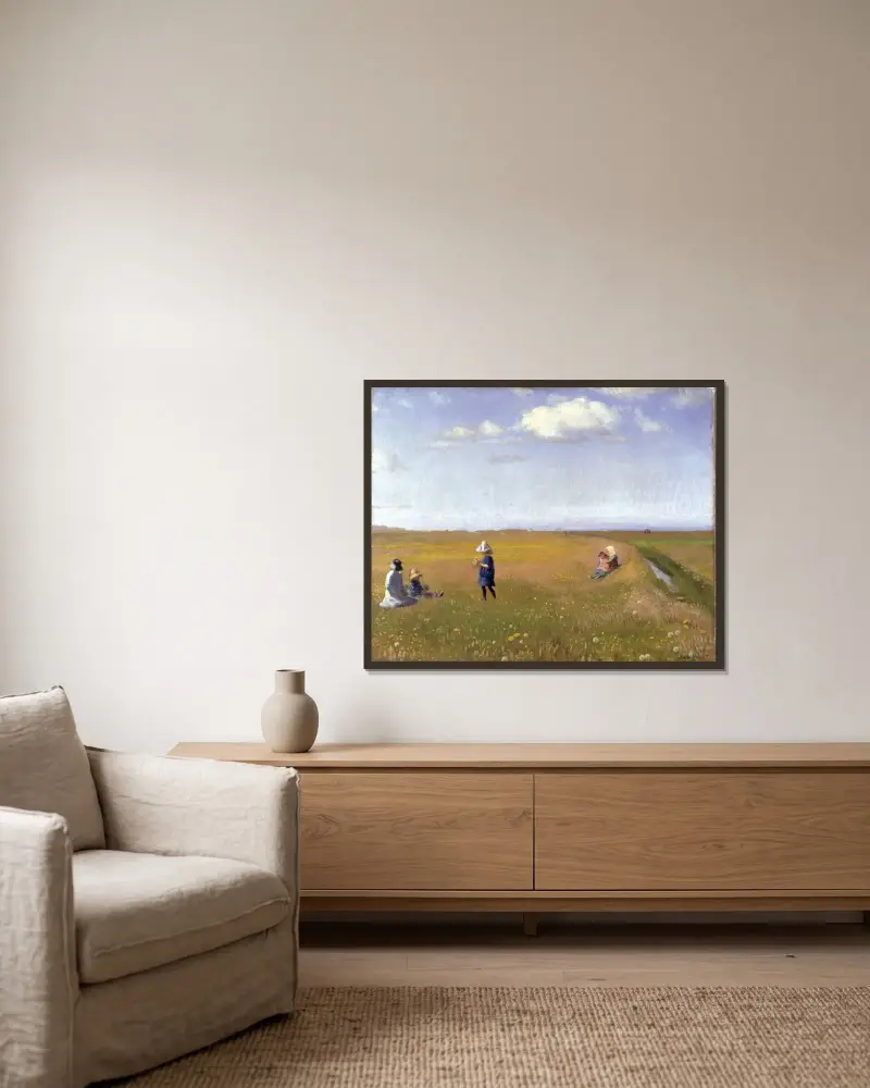 Barn och unga flickor plockar blommor på ett fält norr om Skagen av Michael Ancher inramad på en vägg
