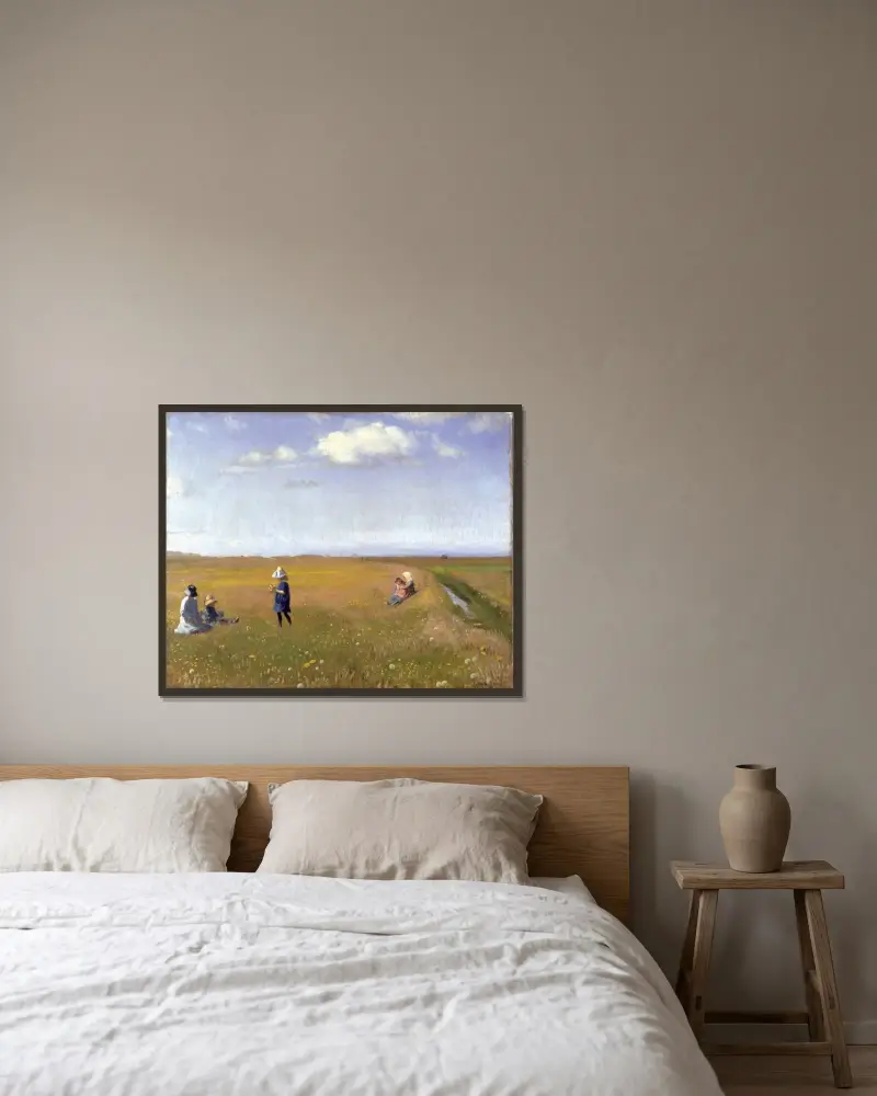 Barn och unga flickor plockar blommor på ett fält norr om Skagen av Michael Ancher inramad på en vägg