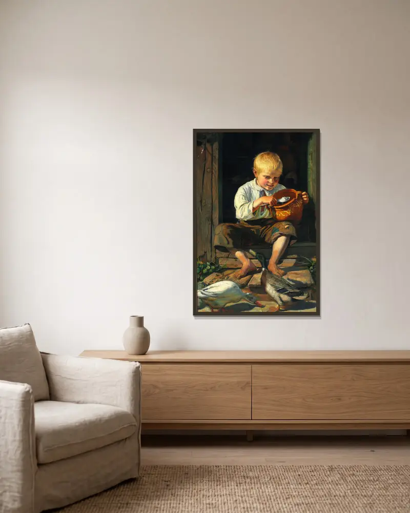 Junge füttert Enten von Michael Ancher gerahmt an einer Wand
