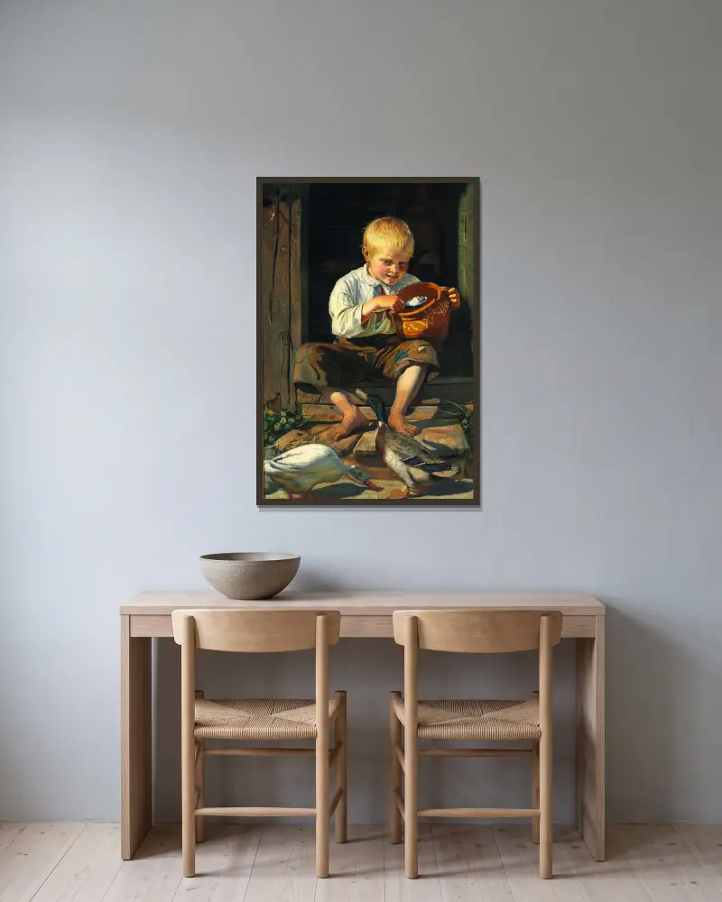 Junge füttert Enten von Michael Ancher gerahmt an einer Wand