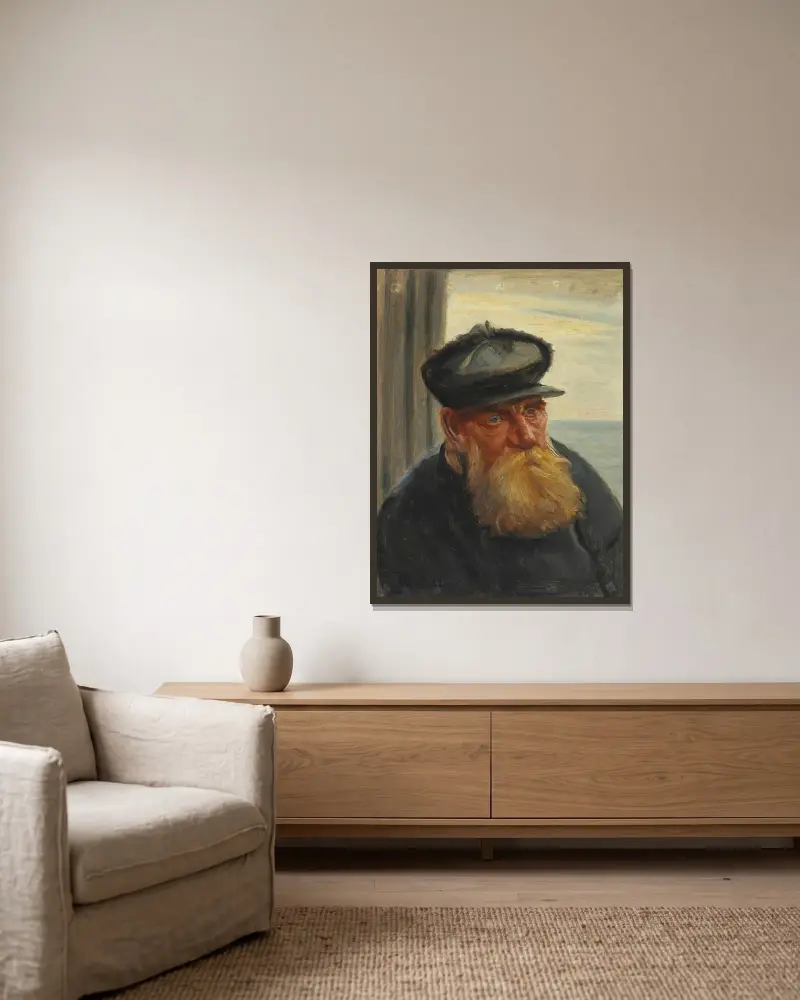 En skagensfisker med havet i baggrunden av Michael Ancher inramad på en vägg