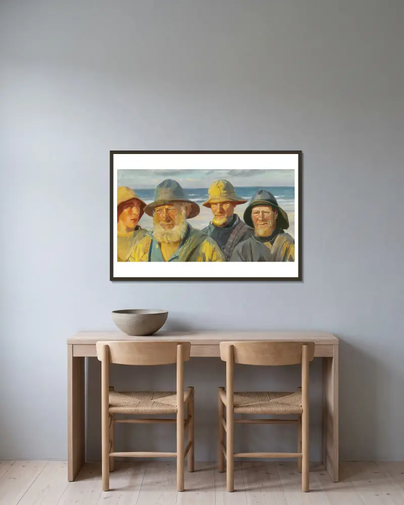 Fire fiskere i solskin på Skagen Strand av Michael Ancher inramad på en vägg