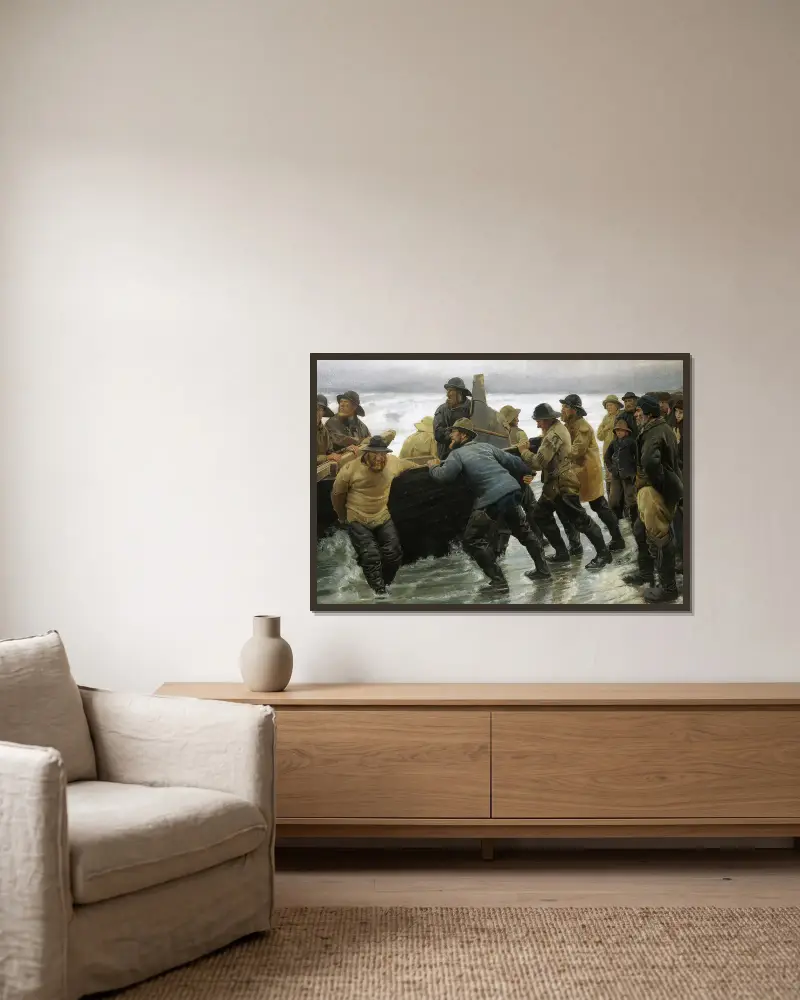 Fischer lassen ein Ruderboot zu Wasser von Michael Ancher gerahmt an einer Wand