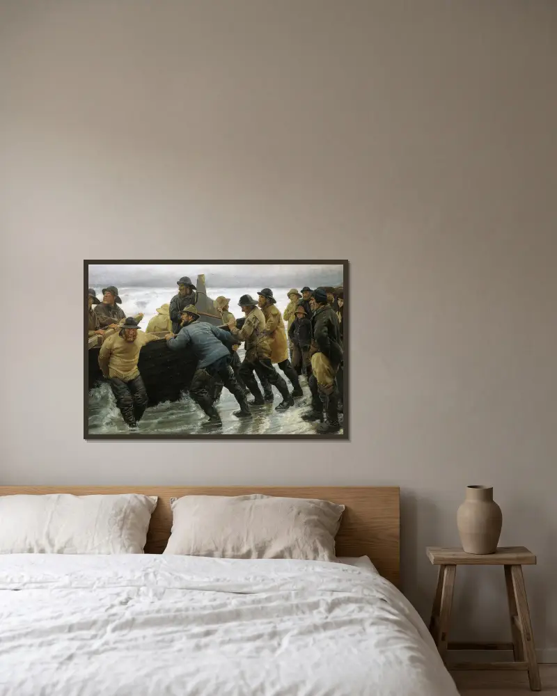 Fischer lassen ein Ruderboot zu Wasser von Michael Ancher gerahmt an einer Wand
