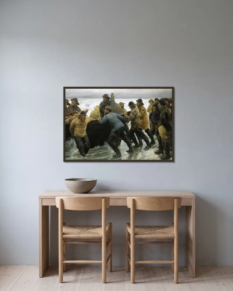 Fischer lassen ein Ruderboot zu Wasser von Michael Ancher gerahmt an einer Wand
