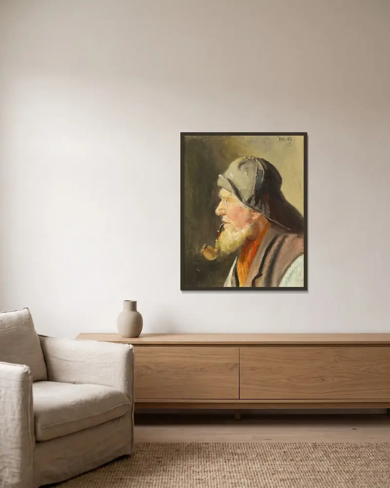 Fischer mit Pfeife und Südwester von Michael Ancher gerahmt an einer Wand