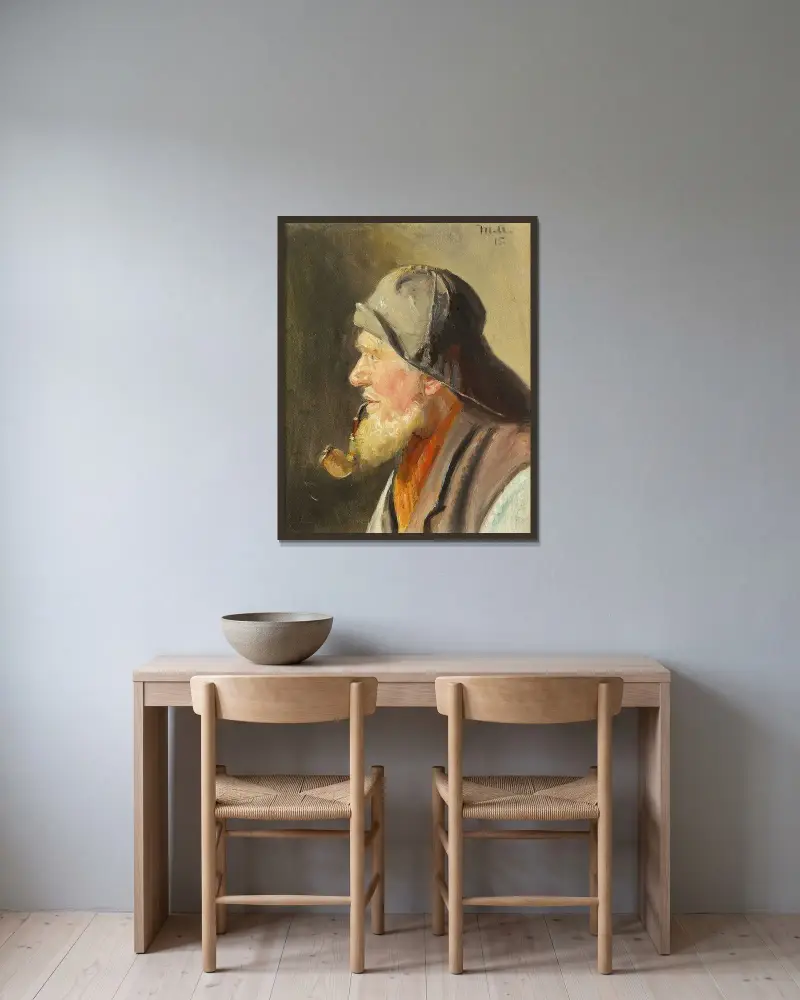 Fischer mit Pfeife und Südwester von Michael Ancher gerahmt an einer Wand