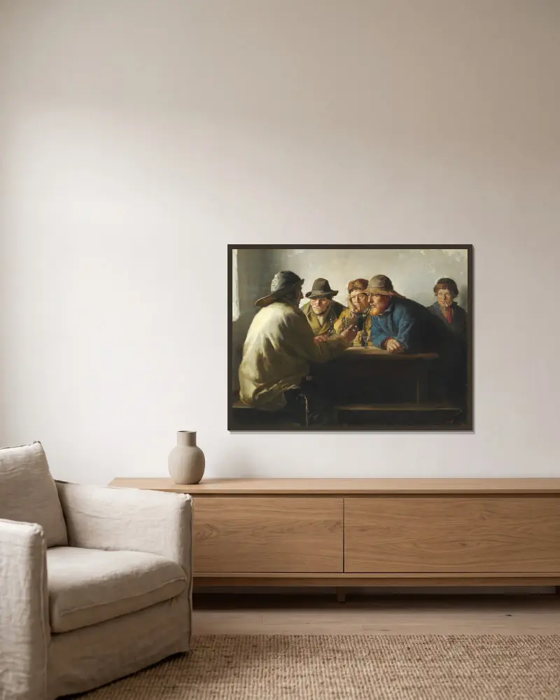 Fischer um einen Tisch beim Feierabendbier von Michael Ancher gerahmt an einer Wand
