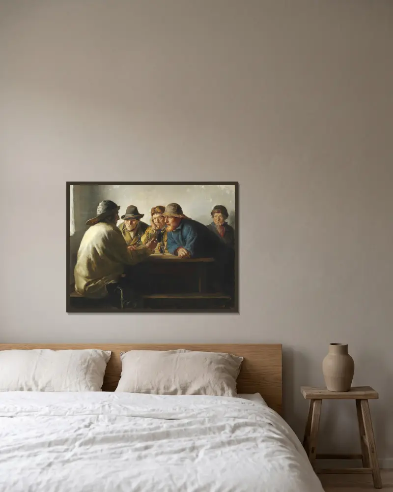 Fischer um einen Tisch beim Feierabendbier von Michael Ancher gerahmt an einer Wand