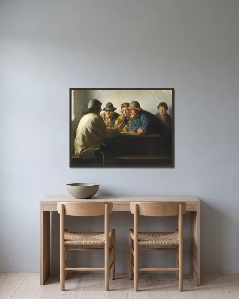 Fischer um einen Tisch beim Feierabendbier von Michael Ancher gerahmt an einer Wand