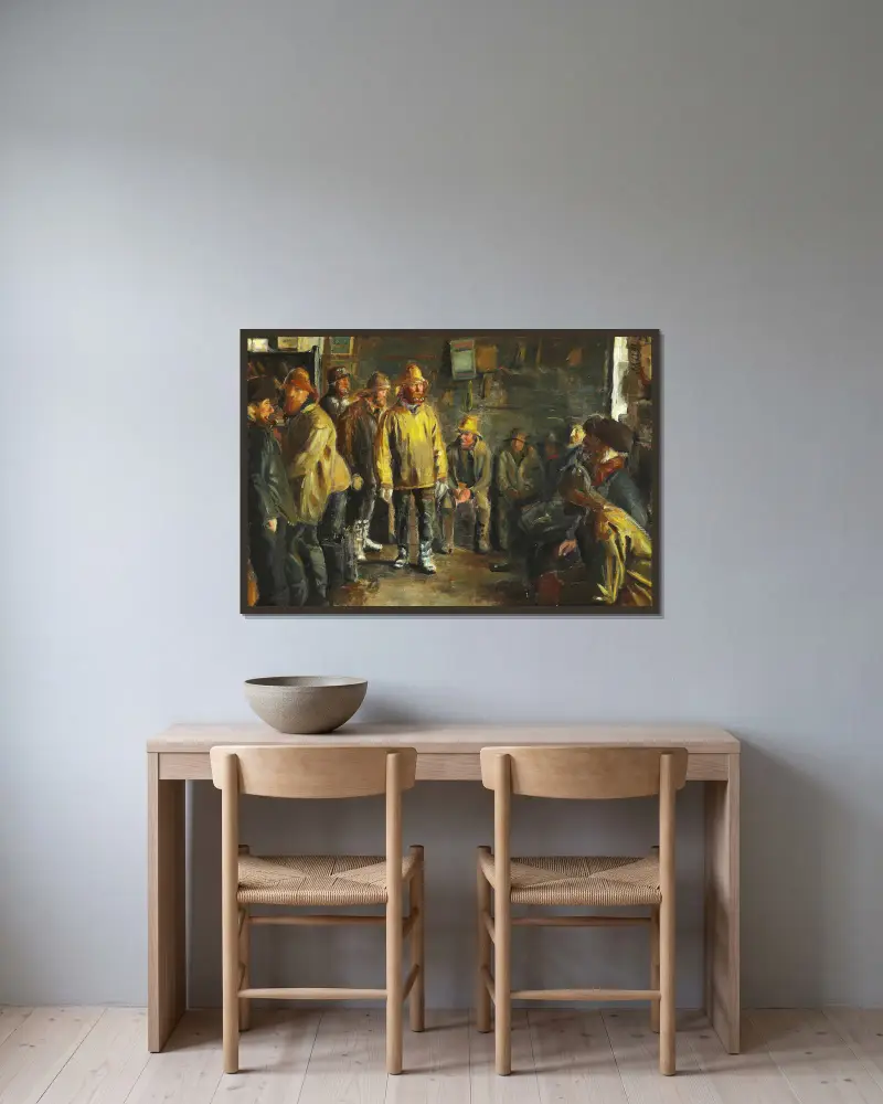 I köpmannens bod en vinterdag när man inte fiskar av Michael Ancher inramad på en vägg