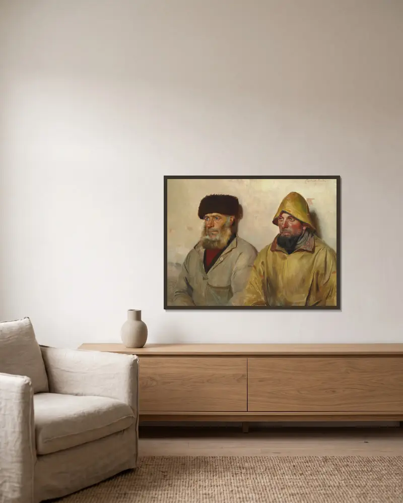 Interiør med to fiskere av Michael Ancher inramad på en vägg