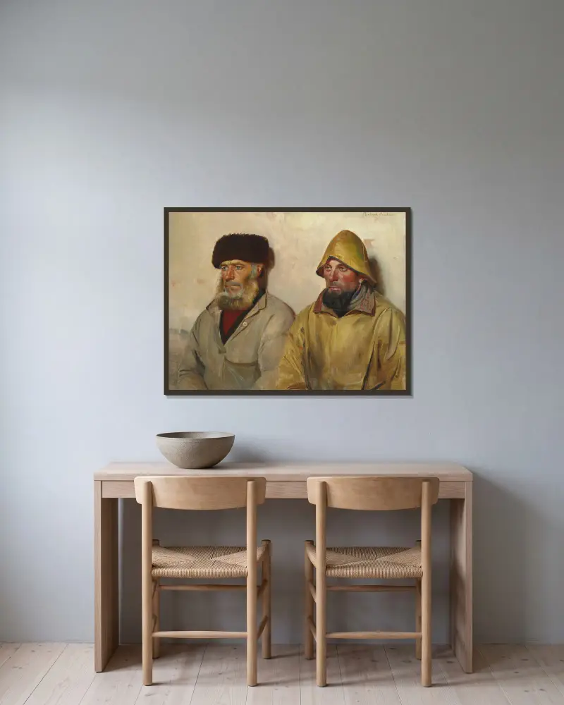 Interiør med to fiskere av Michael Ancher inramad på en vägg