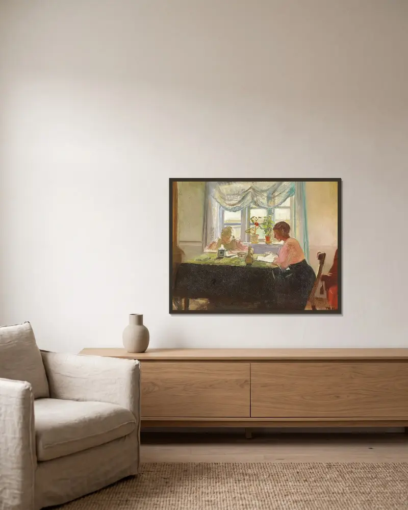 Lektieläsning vid fönstret av Michael Ancher inramad på en vägg
