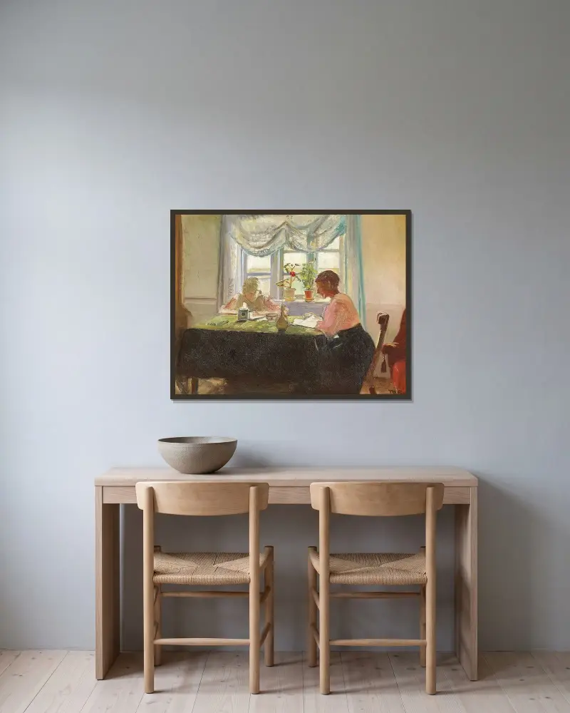 Lektieläsning vid fönstret av Michael Ancher inramad på en vägg