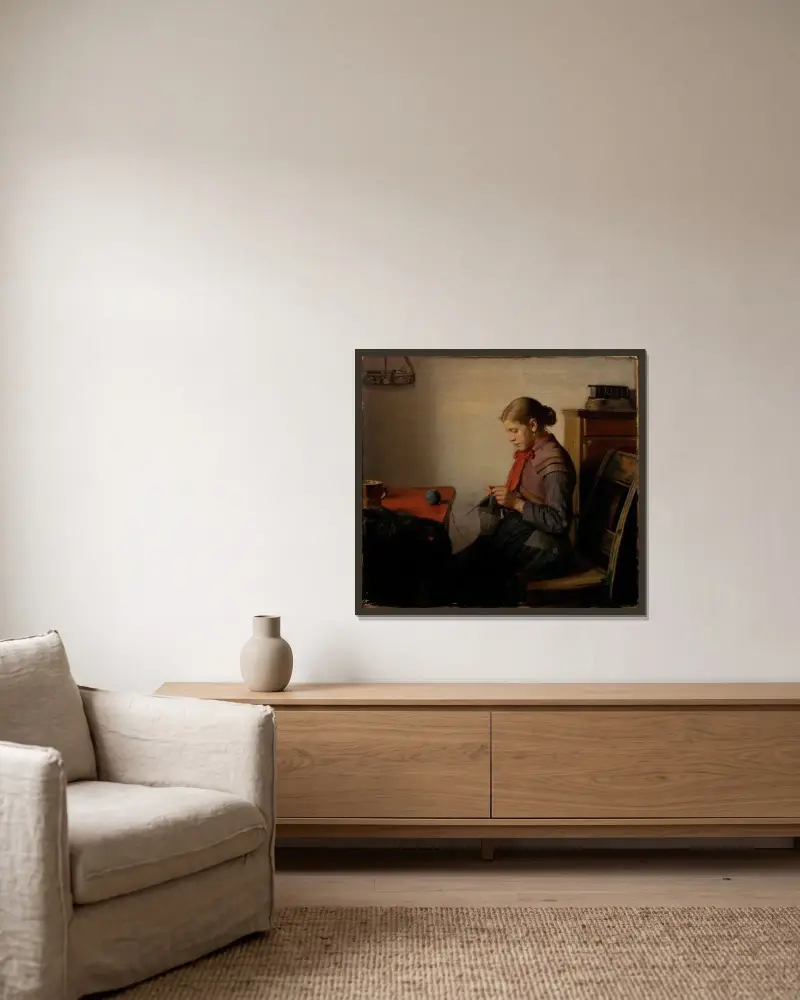 Skagenmädchen, Maren Sofie, strickend von Michael Ancher gerahmt an einer Wand