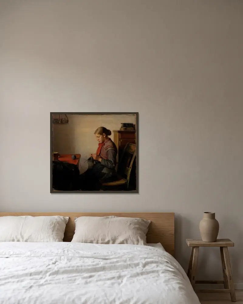 Skagenmädchen, Maren Sofie, strickend von Michael Ancher gerahmt an einer Wand