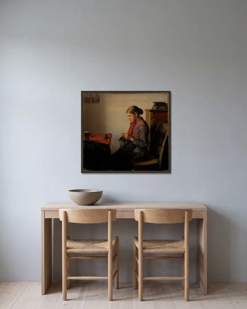 Skagenmädchen, Maren Sofie, strickend von Michael Ancher gerahmt an einer Wand