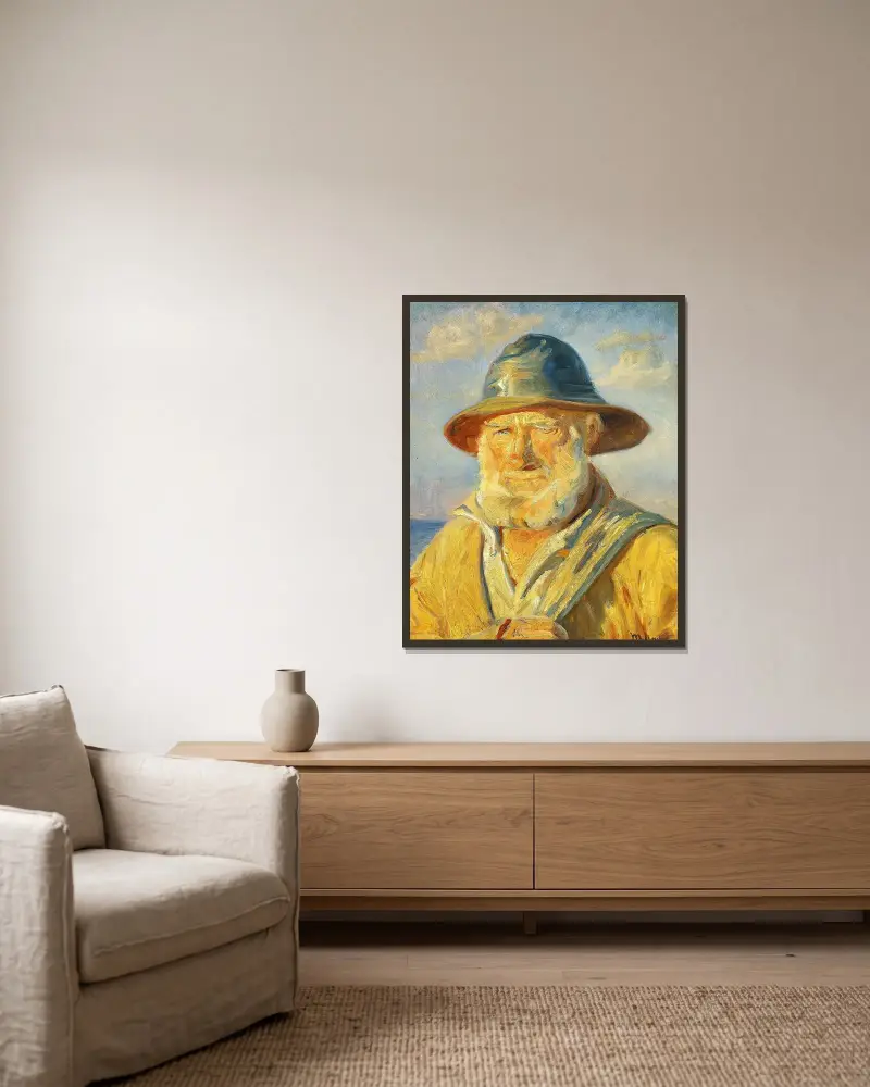 Fischer von Skagen in der Abendsonne. Studie von Michael Ancher gerahmt an einer Wand
