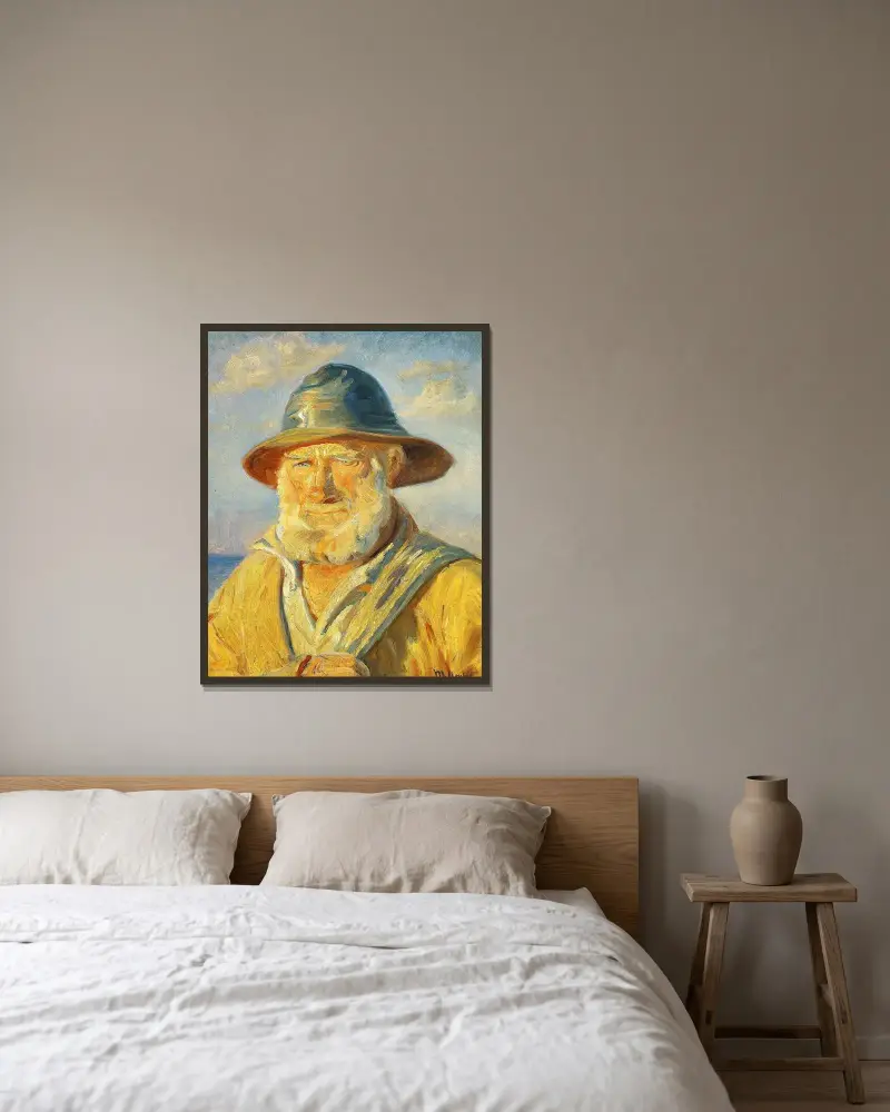 Fischer von Skagen in der Abendsonne. Studie von Michael Ancher gerahmt an einer Wand