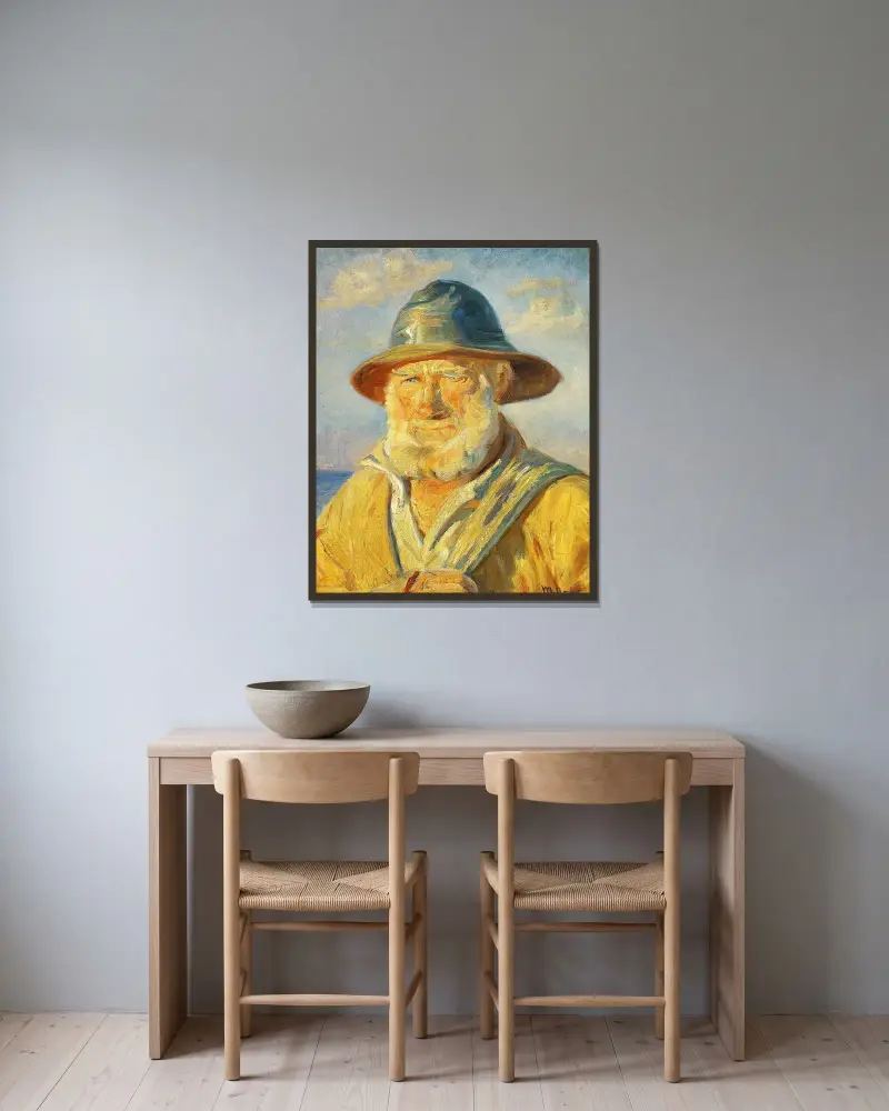 Fischer von Skagen in der Abendsonne. Studie von Michael Ancher gerahmt an einer Wand
