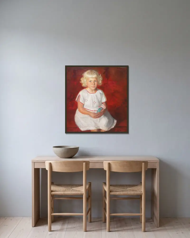 Skagens ros. Fiskarflicka i söndagskläder av Michael Ancher inramad på en vägg